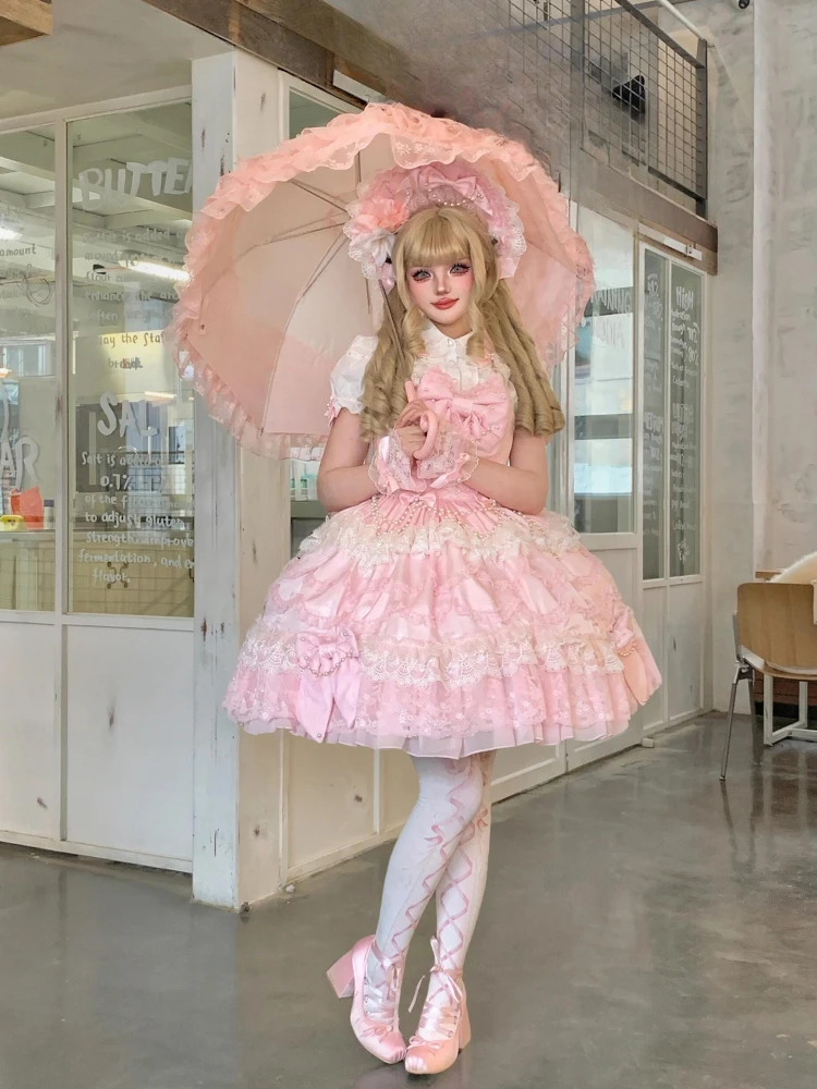 Industrie lourde magnifique princesse robe de fête d'anniversaire 3D arc perle chaîne dentelle épissage doux mignon rose Lolita robe courte femmes