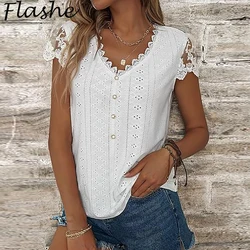 Women Summer Fashion V Neck Lace Shirt Women Short Sleeve T-Shirts Loose Tee Tops Casual White Green Shirt For Women 2024