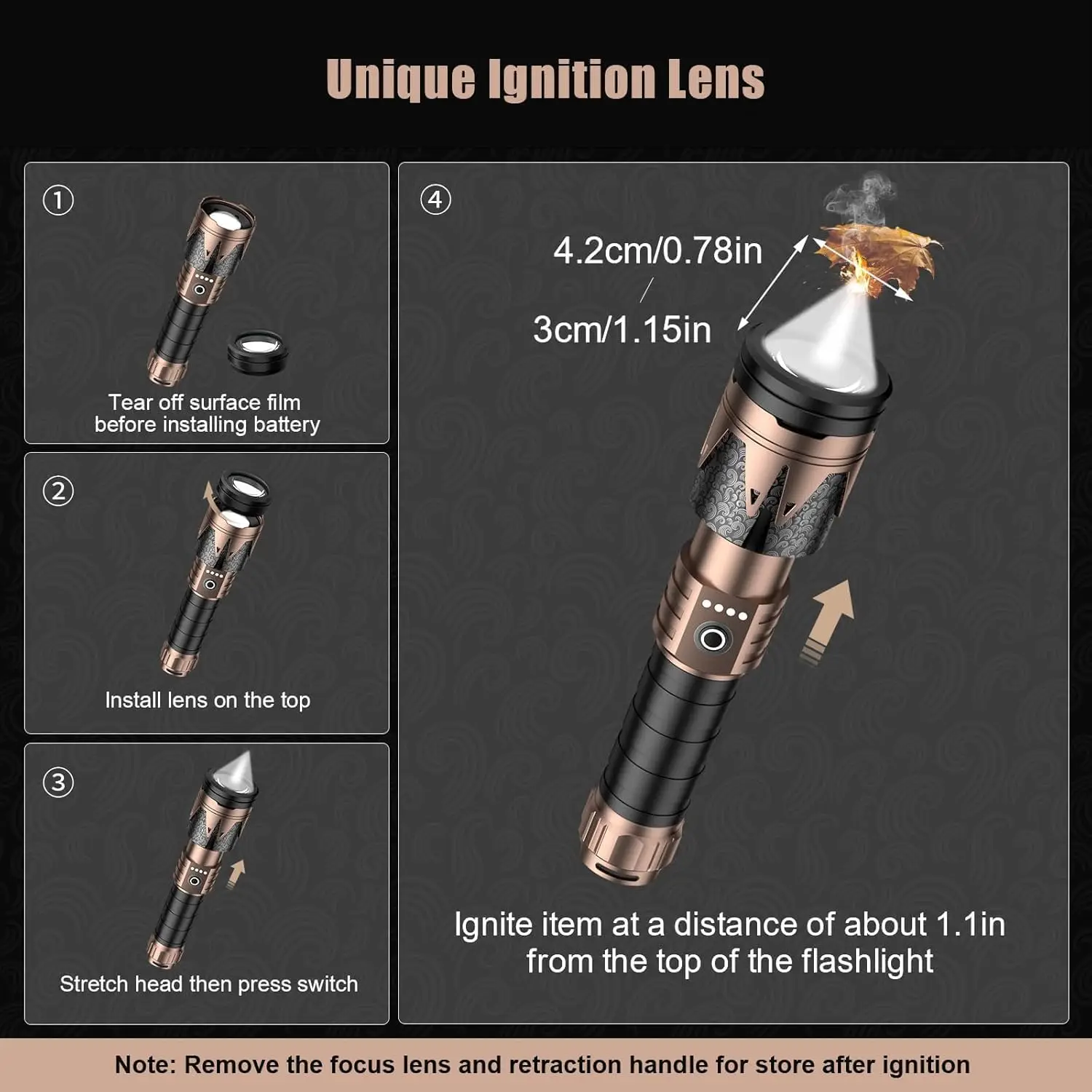 Rechargeable Zoomable Flashlight with Ignition Lens, 5000 Lumens, 6 Modes, Waterproof for Camping and Emergency Use