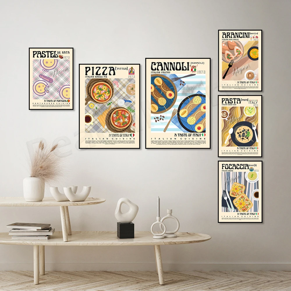 Italian food pizza, pastry, pasta, baguette, french food, portuguese food Pastel De Nata food poster, modern kitchen decor