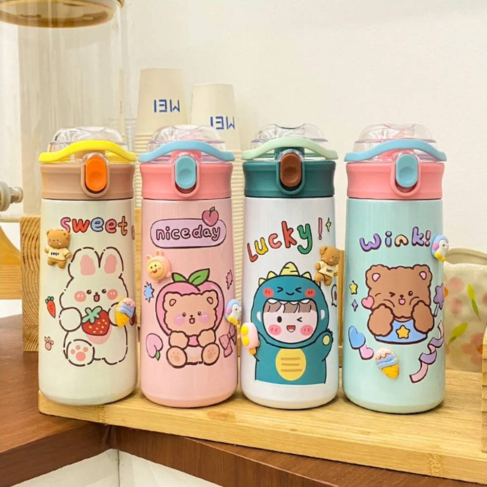 500ML Large Capacity Insulated Water Bottle Cartoon Animal Pop-up Lid Children's Thermal Cup Portable Stainless Steel