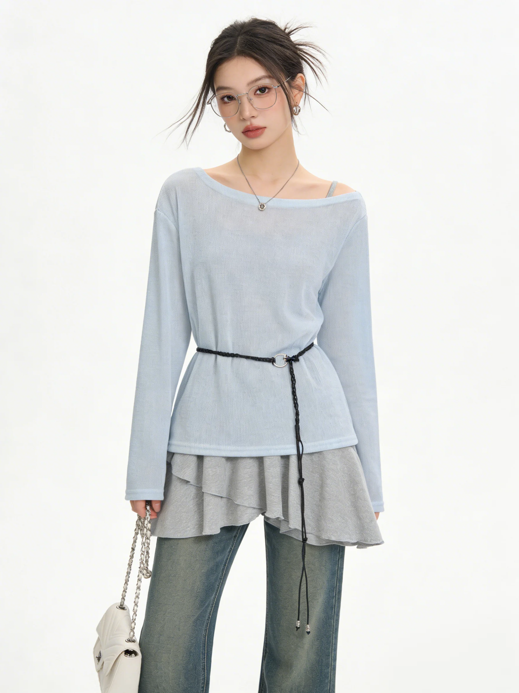 

Комплект в корейском стиле: топ с открытыми плечами и юбка, женский модный весенний наряд для похудения, дышащая футболка с длинным рукавом