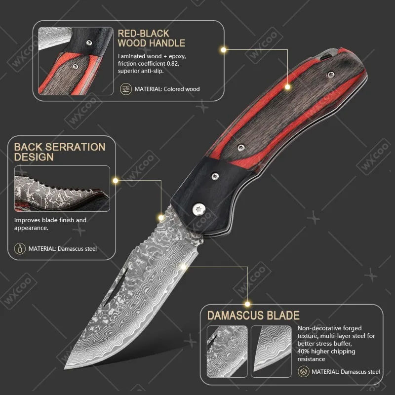 Damascus Utility Knife Folding Knife Boning Knife Kitchen Knives Tools Meat Fruit Slicing Barbecue Chef Cooking Wood Handle