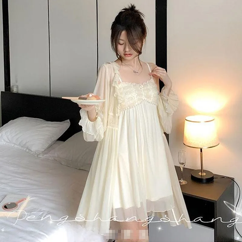 

Women's Summer Long Sleeved Sexy Camisole Pajamas Dress Chest Pads Thin Internet Celebrity Home Clothing Two-piece Set Nightgown