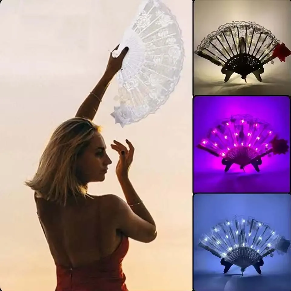 Light Up Folding Fan Lolita Dance Stage Performance Hand Fan LED Retro Dark Red Black Rose Fans Wedding Party Photograph Prop