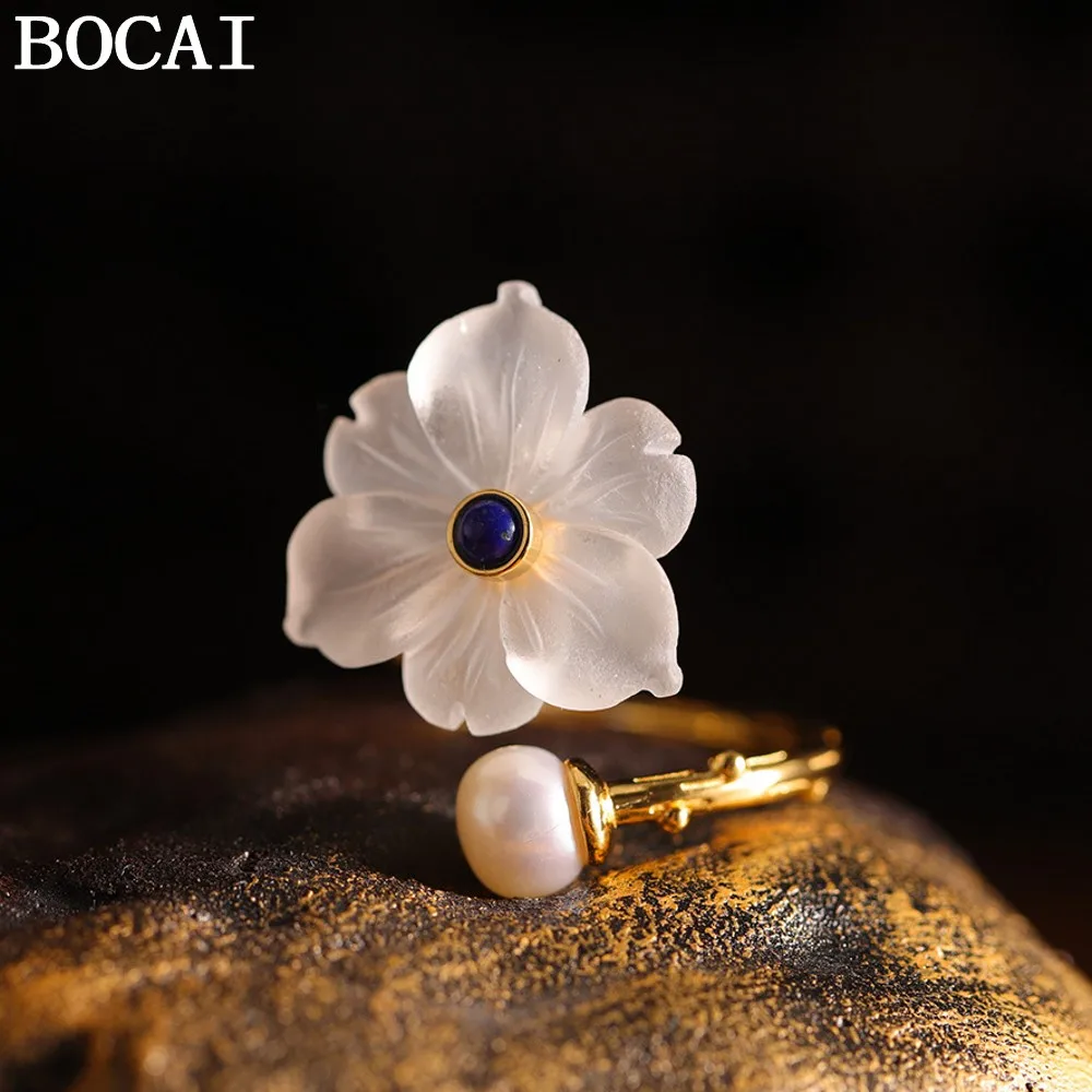 

BOCAI NEW S925 Silver Fashion Luxury Gold Plated White Crystal Pearl Ring Women's Gift