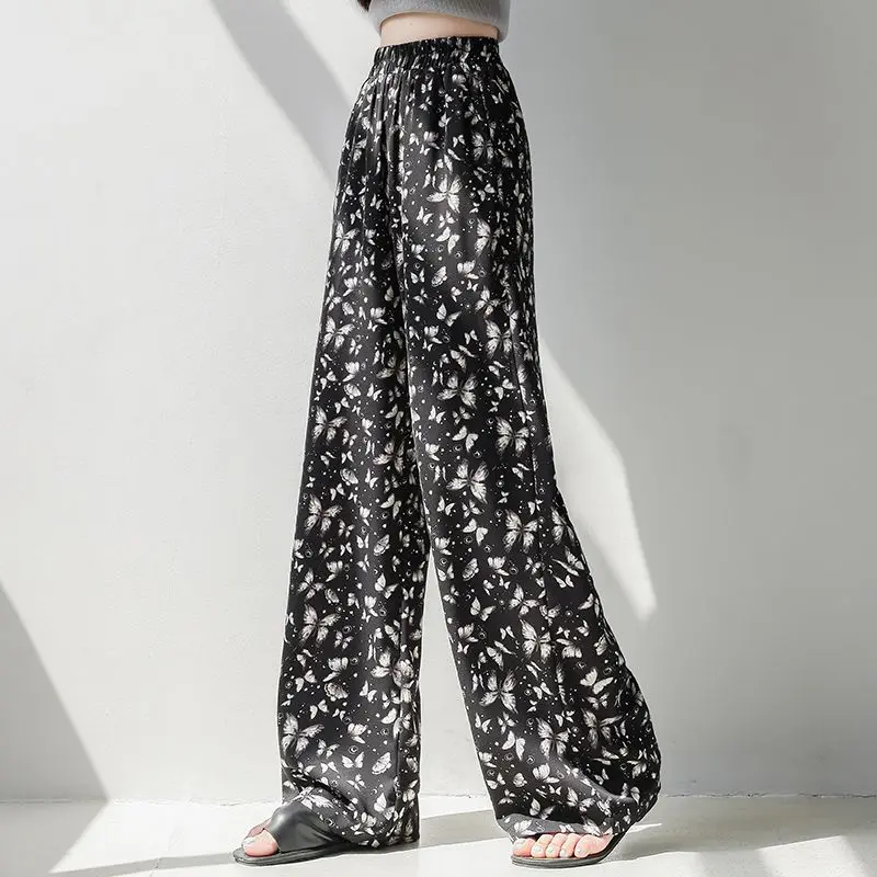 2024 Summer Women's Leisure Fashion Elegant Commuting Loose Printed and Dyed High Waist Pocket Slimming Thin Wide Leg Pants