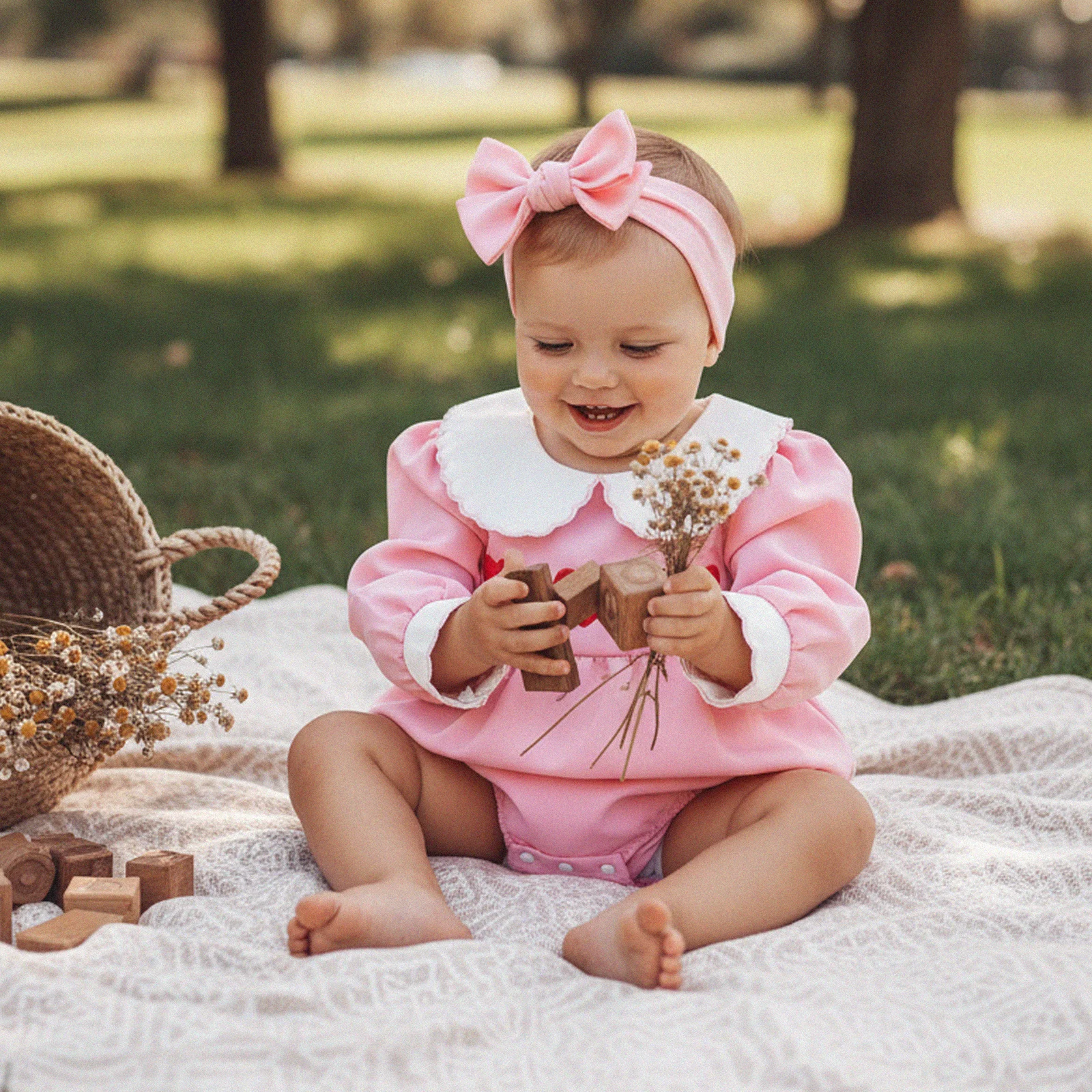 

Одежда для малышей, комбинезон на день Святого Валентина для девочек, комбинезон с кукольным воротником и вышивкой в виде сердца, с подходящей повязкой на голову с бантом, одежда для новорожденных