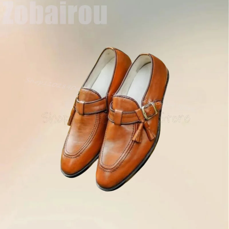

Brown Sewing Design Tassels Buckle Decor Loafers Fashion Slip On Men Shoes Luxury Handmade Party Banquet Office Men Dress Shoes