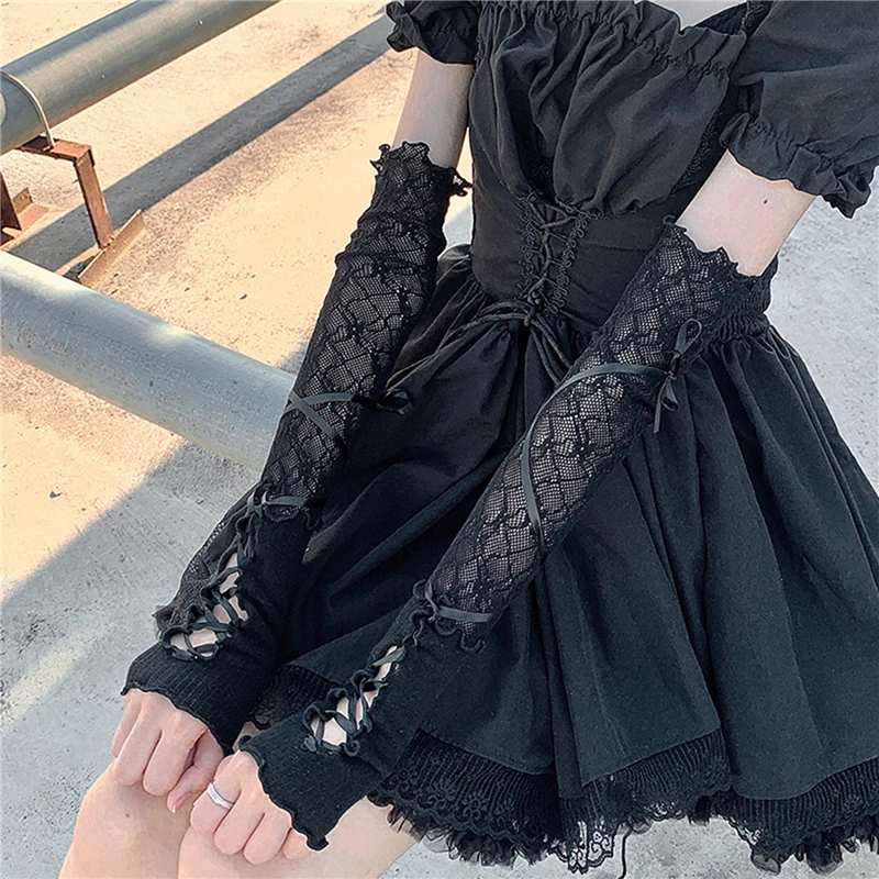 ผู้หญิงLolita Jkลูกไม้FingerlessถุงมือBlack Gothic DIYสายรัดครีมกันแดดเสื้อผ้าอุปกรณ์เสริมตาข่ายยืดหยุ่นPunkถุงมือ