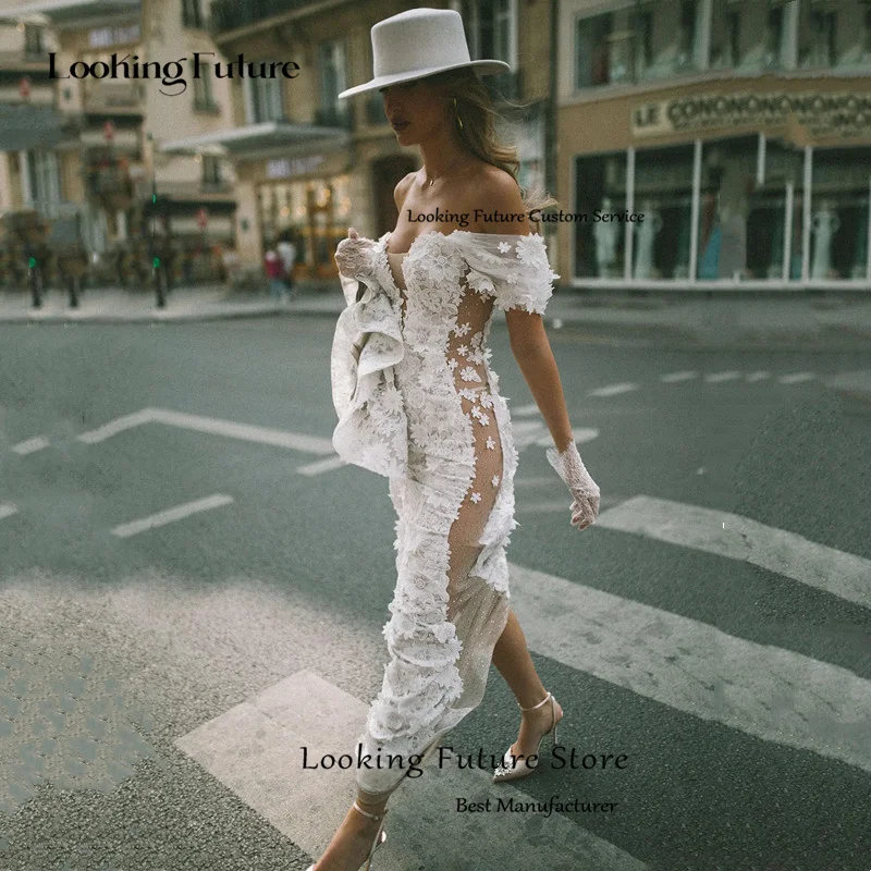 カスタムメイドの豪華なアイボリーマーメイドウェディングドレス、レースアップリケ、オフショルダーブライダルガウン、イリュージョンVネック、オープンバック、ロングトレーン