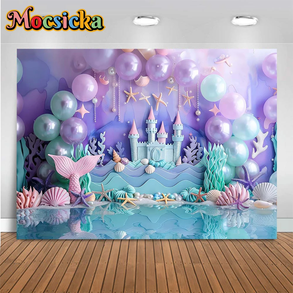 Little Mermaid Princess Girl Birthday Party Background Purple Castle Arch Balloon Wall Backdrop Kids Cake Smash Photo Studio