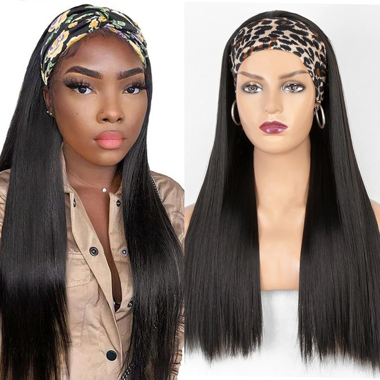 

24-дюймовый прямой парик с повязкой на голову, черные термостойкие синтетические волосы, женский парик с повязкой на голову, полный плетеный парик