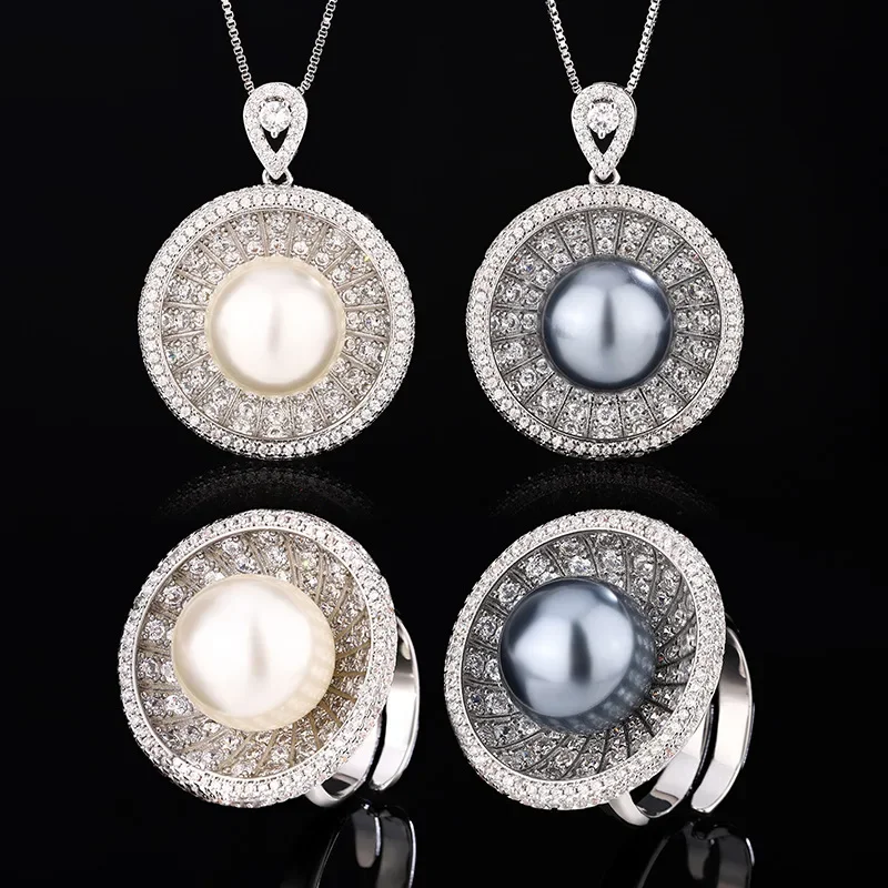 

Exquisite Pearl Halo Necklace and Ring Set, Adjustable Size, Luxurious Design with Shimmering Crystal Accents Women Jewelry