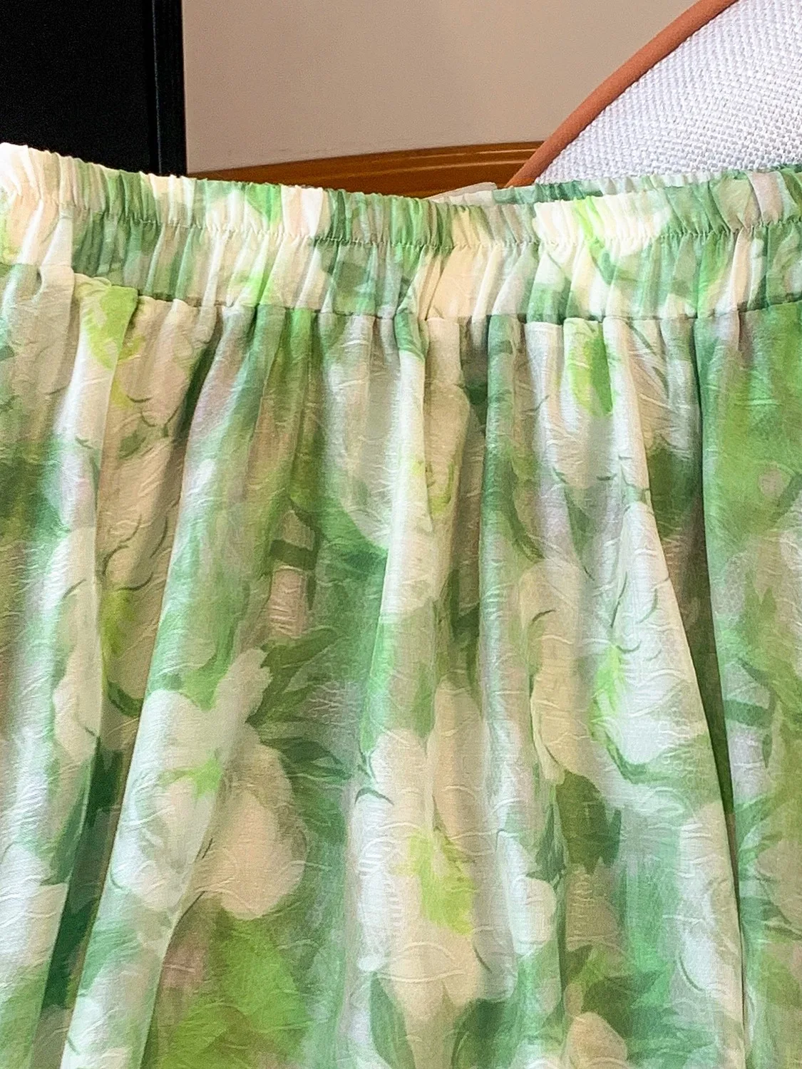 Elegant Green Floral Half Skirt Women's Summer Forest System Elastic High Waist Draping Slim A-Line Large Swing Skirt
