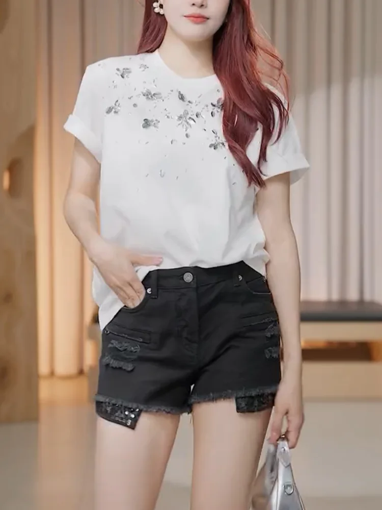 

Женская футболка с эффектом похудения, белая, простая, с тяжелыми бусинами Faion ort Sve, большие размеры, летнее новое поступление, универсальный повседневный топ