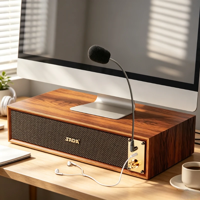 Desktop Computer Speaker with Microphone Headphone Audio Monitor Riser Wooden Base Wired Subwoofer for PC Laptop 컴퓨터 스피커