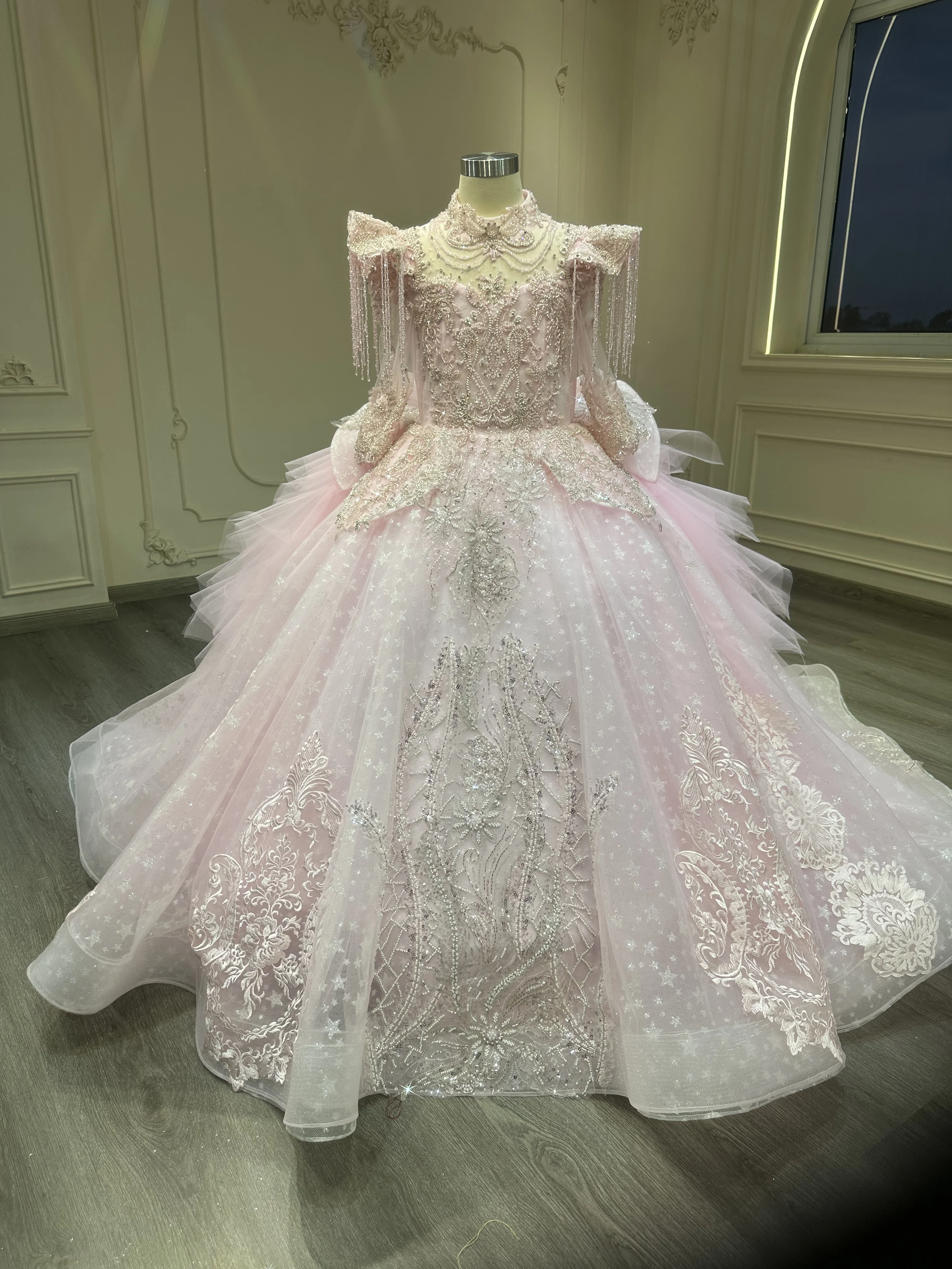 

2025 New Children's Dress Pink Blue Yellow Purple Mint Green Small Train Performance Gown Flower Girl Costume