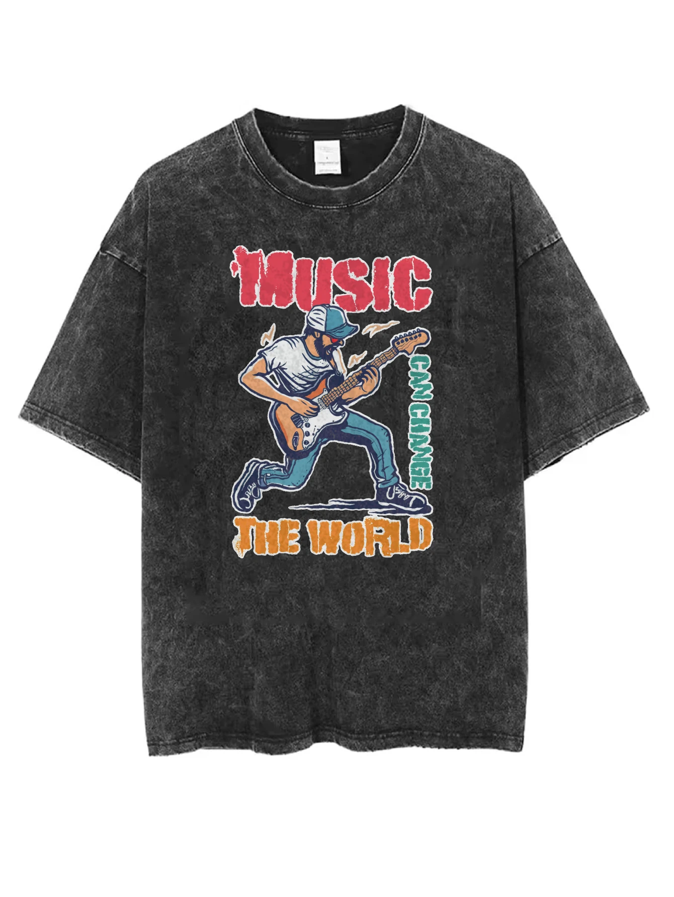 

Music Can Change The World Black Washed Round Neck T-Shirt Comfortable Loose Fit Perfect for Men Women this Winter Christmas