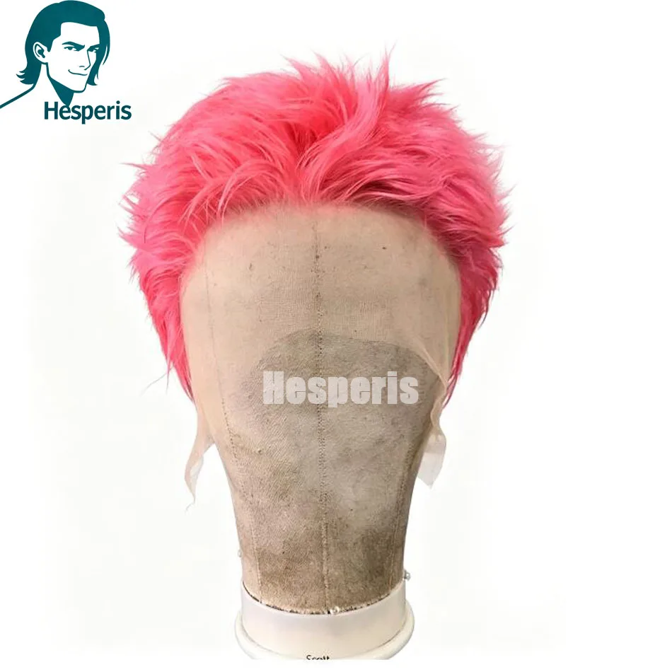 Hesperis Men Short Hot Pink Full Lace Wig Real Human Hair Glueless Lace Wig Pre‑plucked Fluffy Bright Pink Wig for Party Cosplay