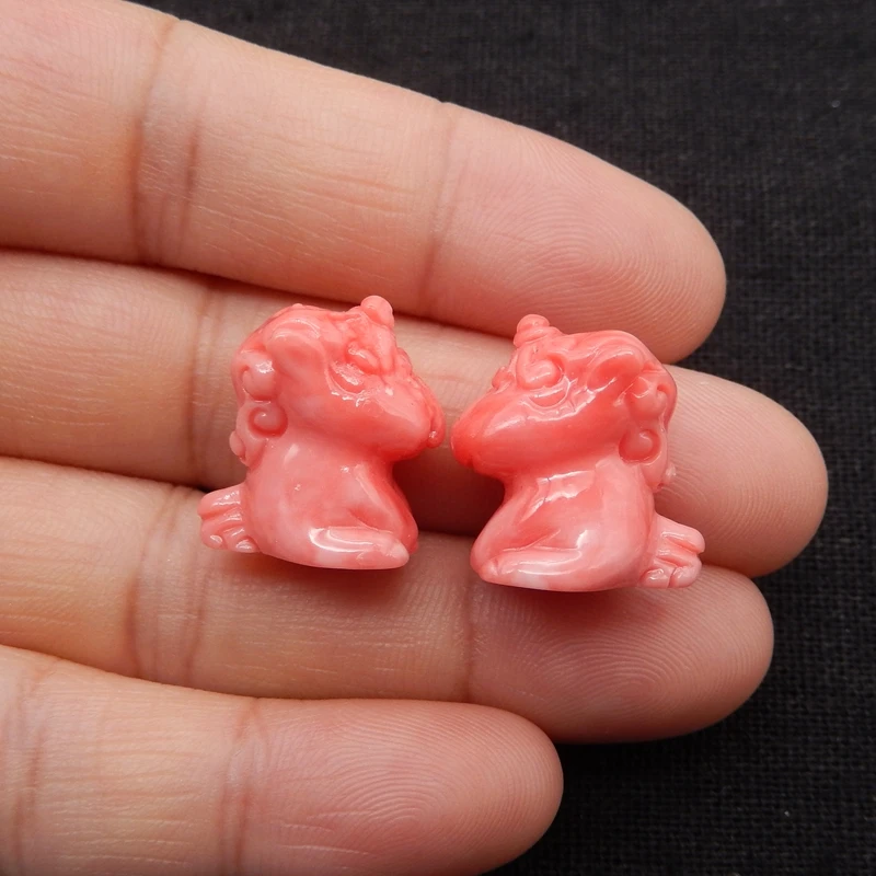 Semi-precious pink conch shell (made from shell powder, color enhanced) carved unicorn pendant beads