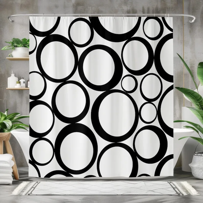 

Black and White Circle Shower Curtain Bold Modern Graphic Pattern Abstract Bathroom Decor Waterproof Durable Polyester Fabric