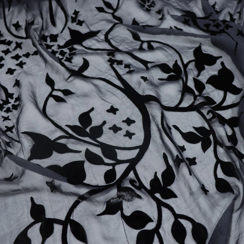 

High-Grade Devoré Velvet Mulberry Silk Fabric - Black Big Floral Print, Ideal for Cheongsam Dress & Custom Clothing