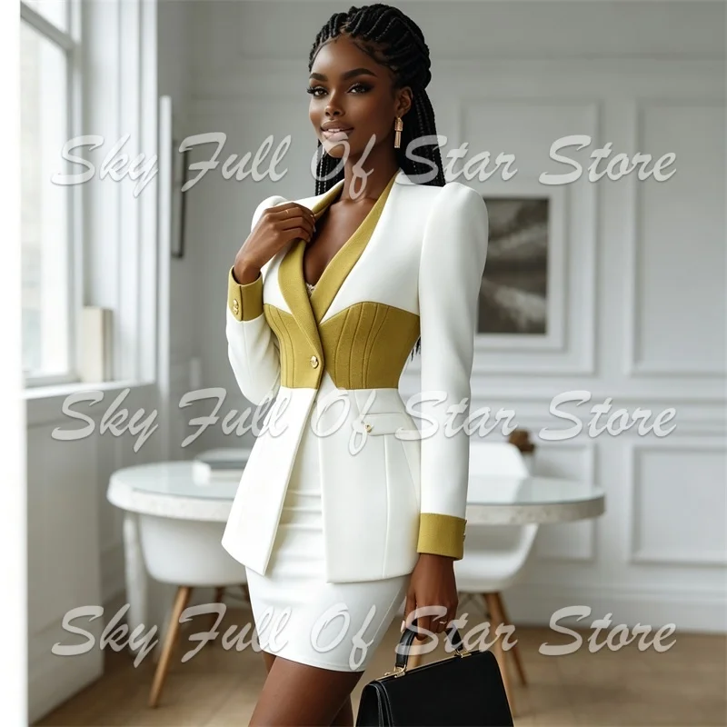 White Women Suit Set 2 Pcs Gold Long Sleeve Peplum Blazer And Mini Pencil Skirt Custom Formal Wedding Party Business Lady Jacket