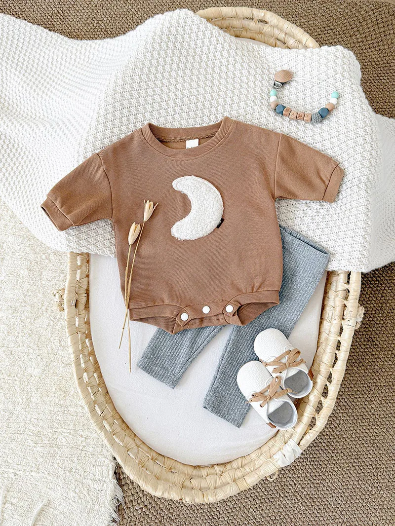 New Autumn Baby Clothes Set  Cute Loose Girls Moon Brown Bodysuit +Grey Leggings Korean Children Outfit 2PCS  0-12M
