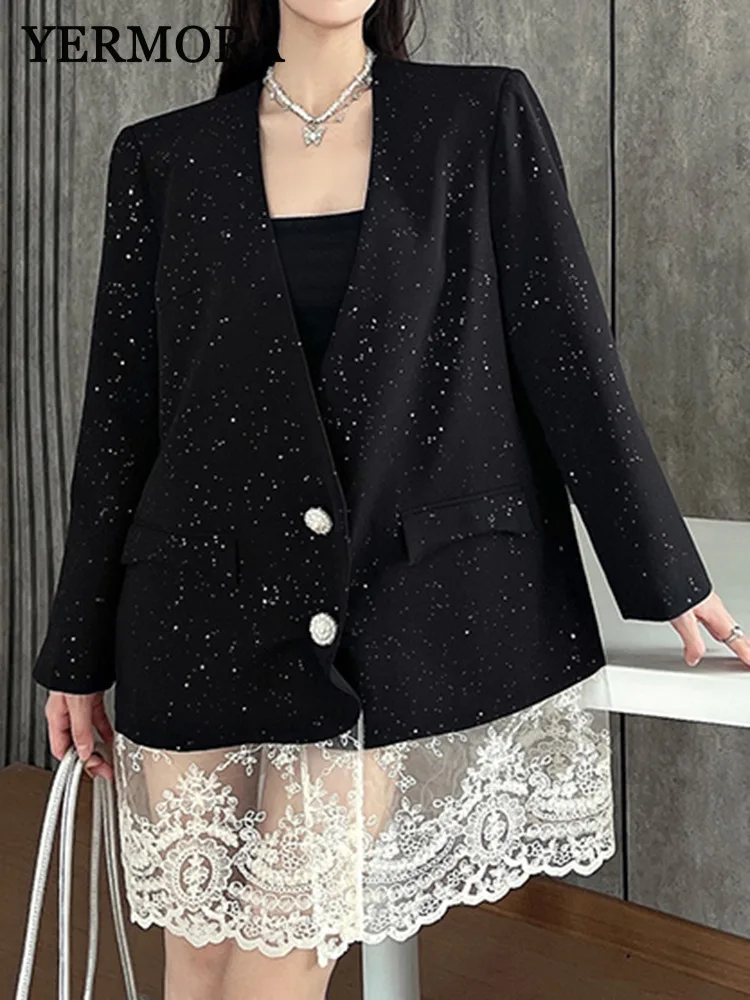 

YERMORA Black Spliced Lace Hem Casual Blazer For Women V-neck Long Sleeve Loose New Jacket Fashion Tdie Spring Autumn 2025