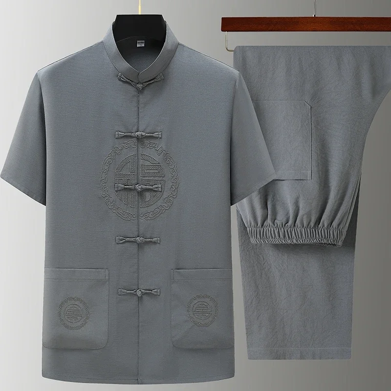 

Chinese Style Shirts + Pants Summer Cotton Linen Sportswear Men's Casual Sets Spring Male Fashion Chinese Style Trousers