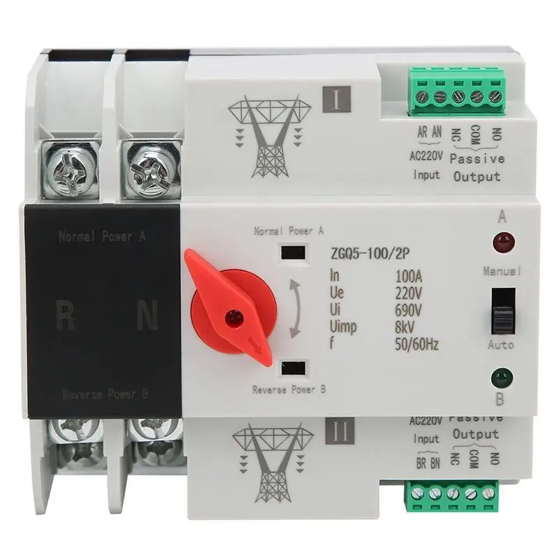 DT19 Automatic Transfer Switch 220V ZGQ5-100/2P, 2-Way Transmission Switch Controller, Silver Contacts, Flame-Retardant