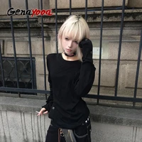 Genayooa-Camiseta gótica Vintage para mujer, camisetas de manga larga con botones Y2k Retro negro Grunge, ropa de calle, camisetas estampadas de los años 2000 para otoño