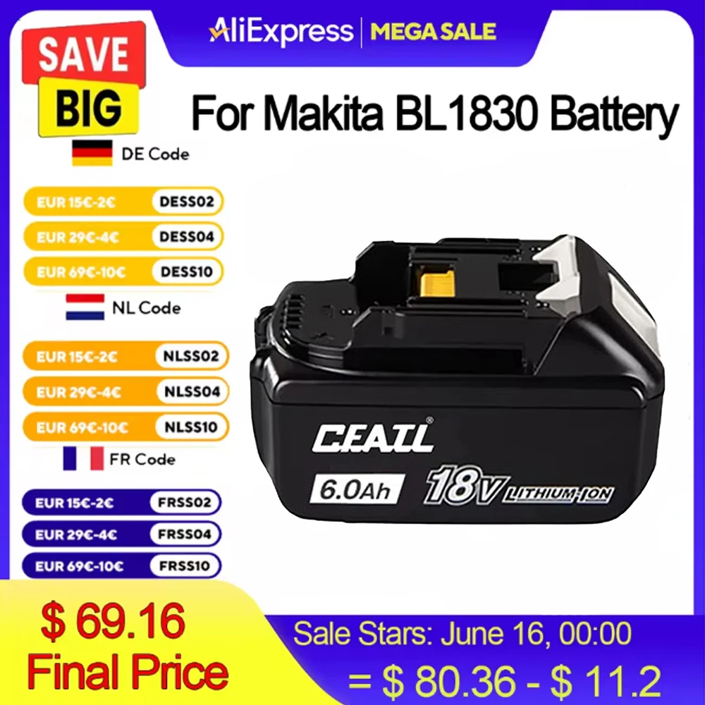

Genuine For Makita 18V 6Ah Rechargeable Power Tools Battery 18V with LED Li-ion Replacement LXT BL1860B BL1860 BL1850