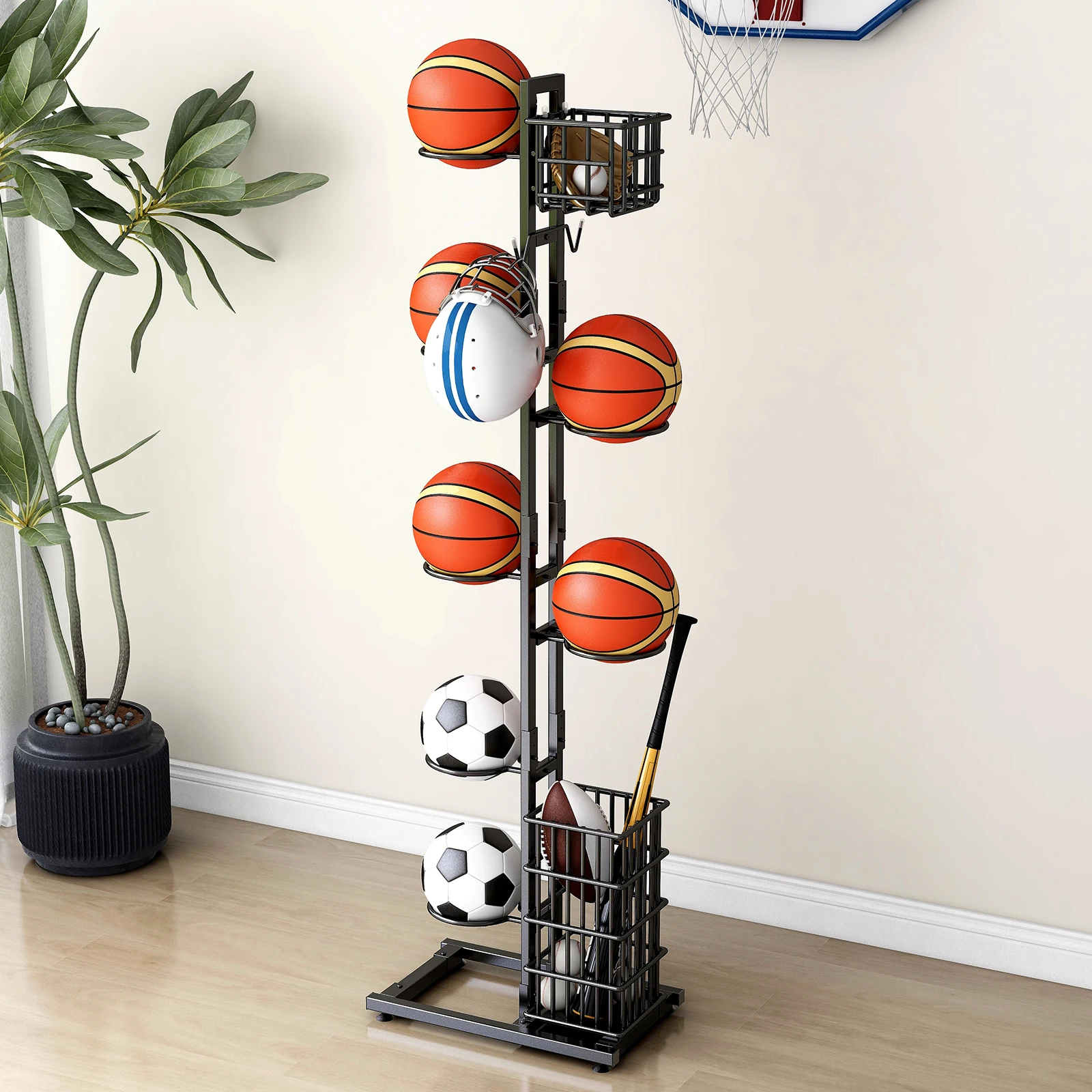 Sports equipment storage rack Outdoor indoor Basketball Football Volleyball Baseball storage holder Large capacity Black