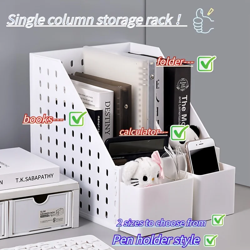 قطعة واحدة من منظم سطح المكتب الأبيض مع حامل أقلام ورف تخزين - منظم ملفات قائم قابل للطي مع مقصورات متعددة وكتاب