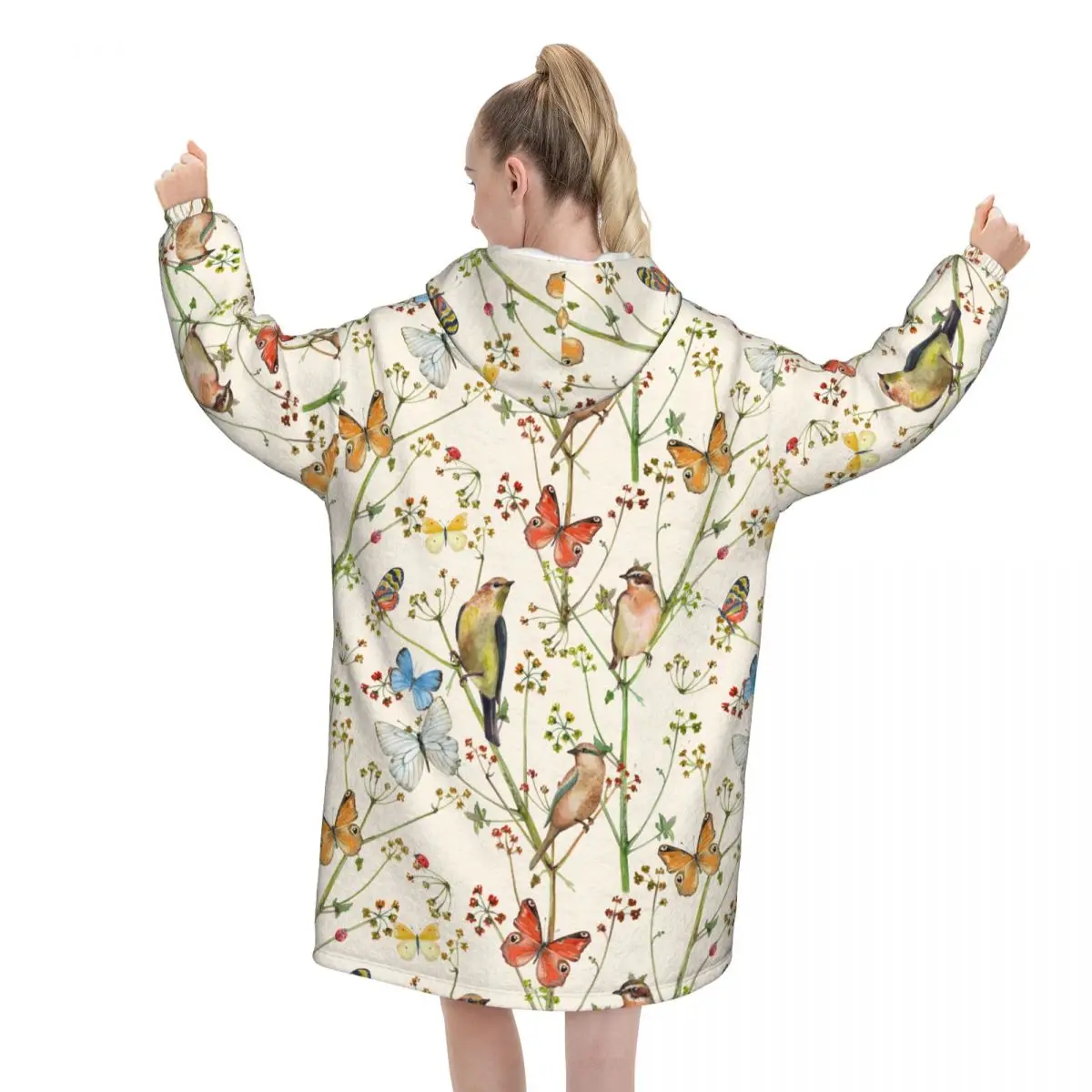 Vintage Butterfly Sparrow Bird Floral Art Blanket Hoodie Wearable Butterflies Flowers Print Sweatshirt Blanket Gifts for Women