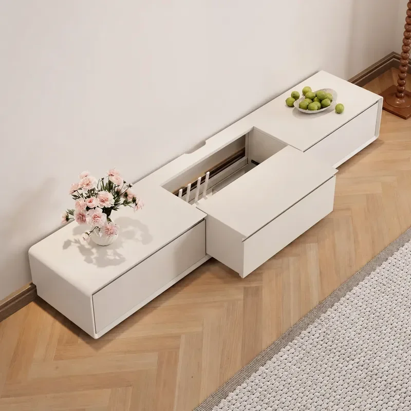 Cream Solid Wood TV Cabinet Floor to Ceiling Modern Simple Pull Out Storage Unit for Small Apartment Living Room Household