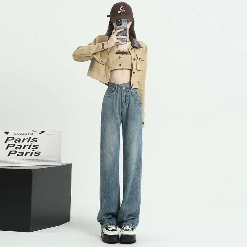 

Винтажные джинсы с высокой талией и прямыми штанинами для женщин, дизайнерский стиль, чистый силуэт, средняя эластичность, ткань из полиуретана, весенняя коллекция