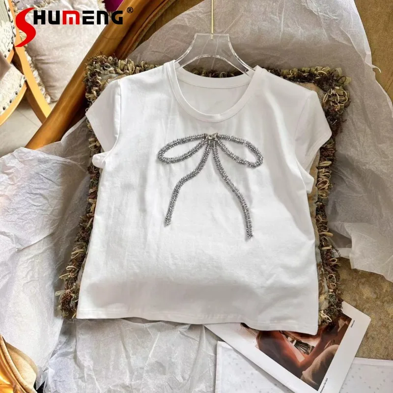 2024 Summer New Machine Embroidery Bow Shirt Socialite Style Girly And Fashion Short In White Color Tees Beaded T-shirt Pullover