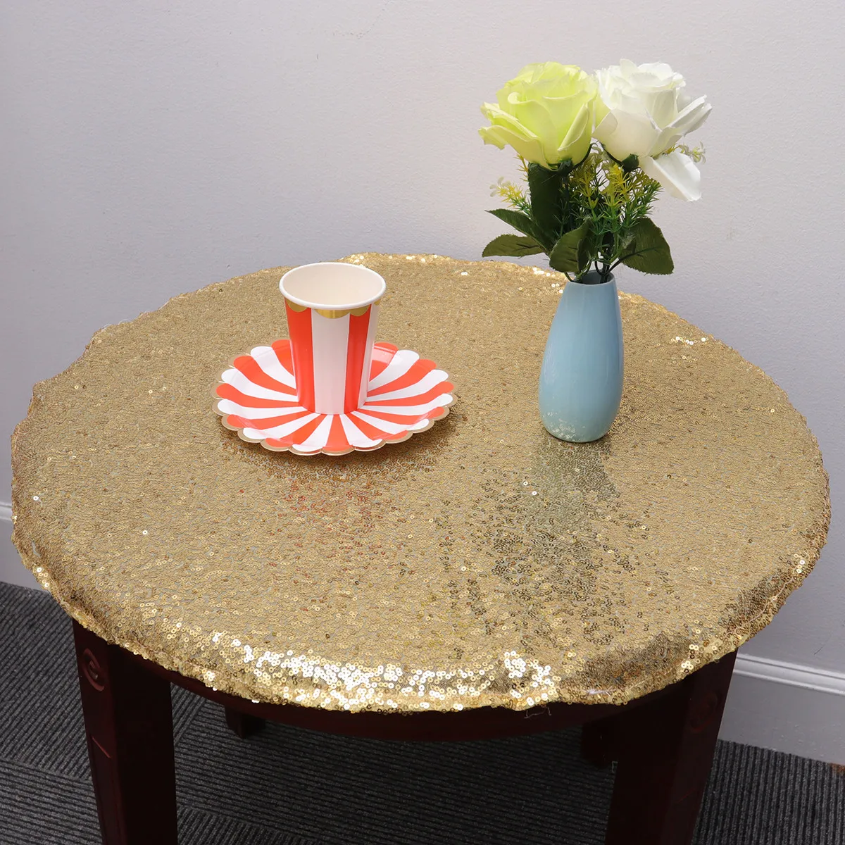 Round Sequin Tablecloth Golden Shiny Glitz Table Cover for Wedding Reception Banquet Party Decoration Elegant Sparkle Design