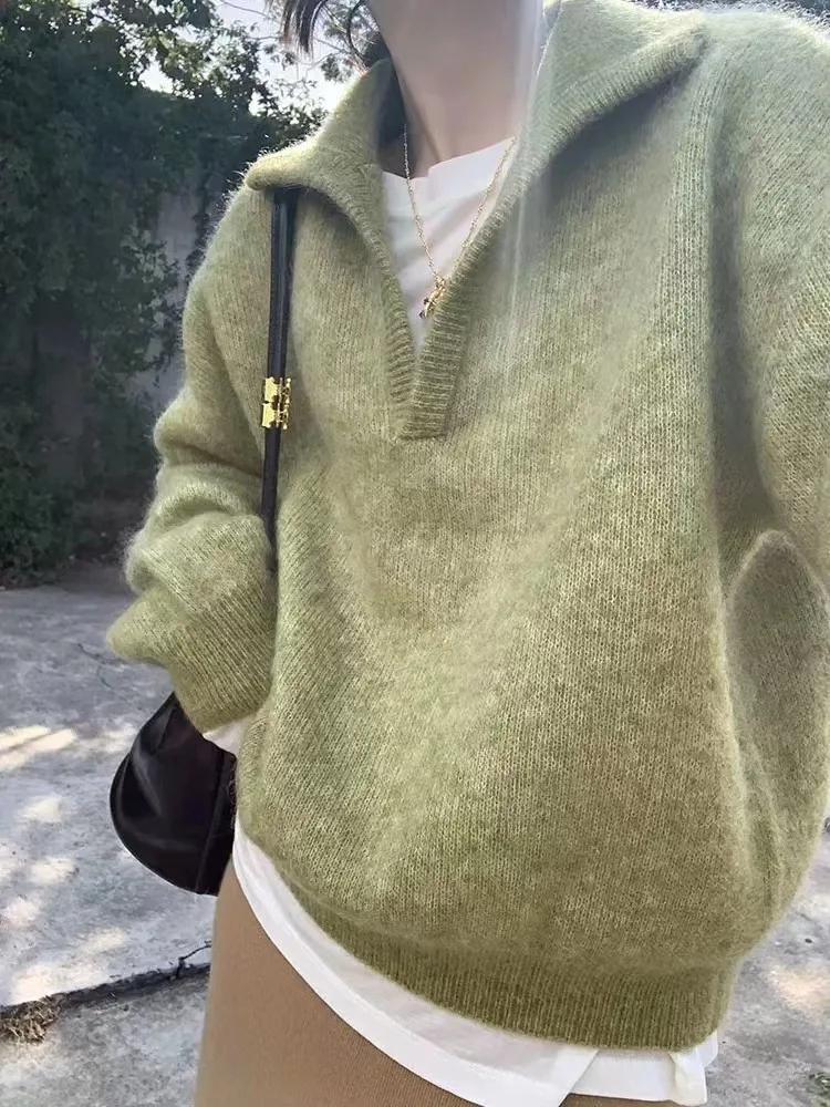 

Korean style lazy style pullover sweater women autumn and winter new retro green loose and versatile elegant knit top