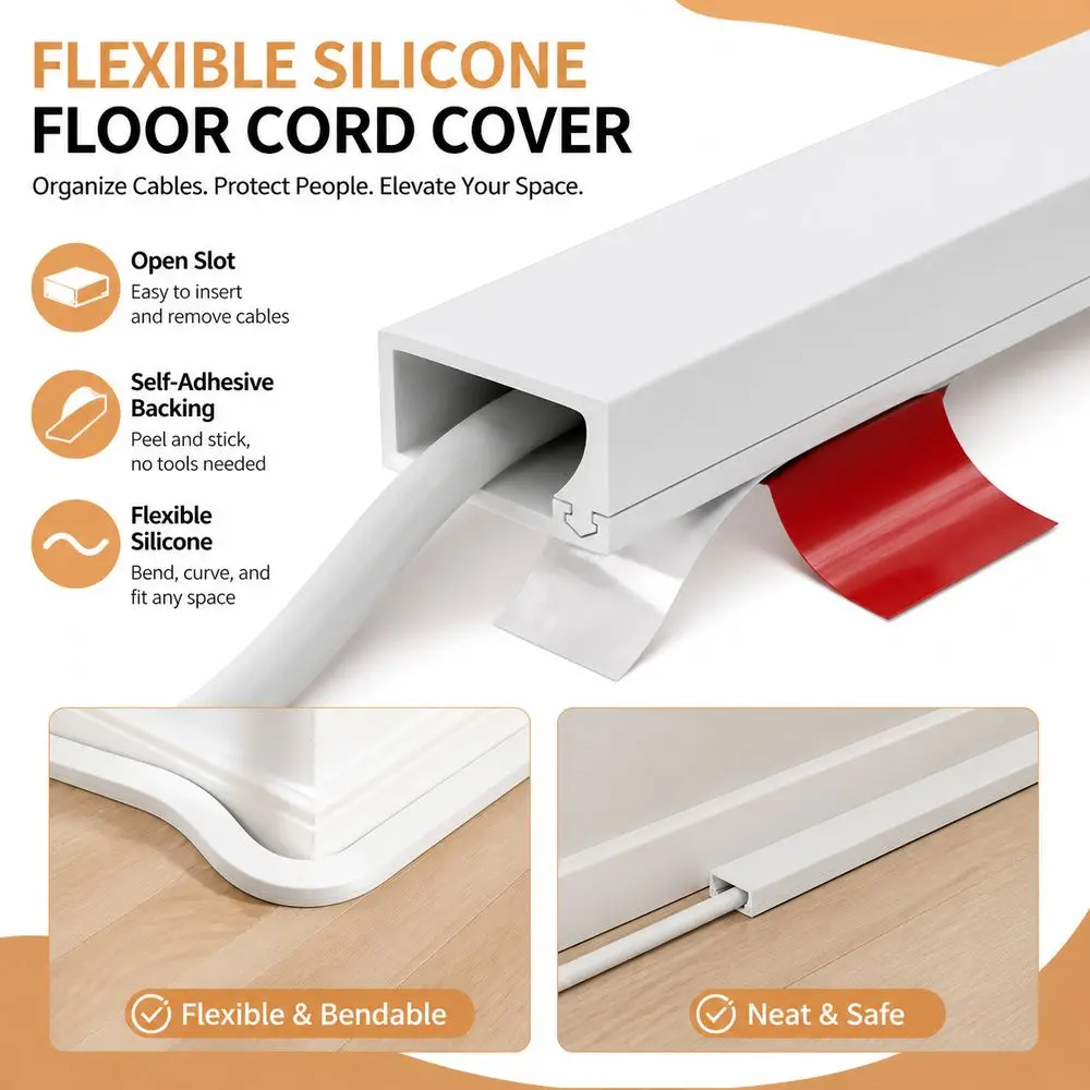 1/3 Meters Self-Adhesive Cord Management Channel Anti-Step Anti-Extrusion Floor Cord Organizer Cover Invisible Decorative