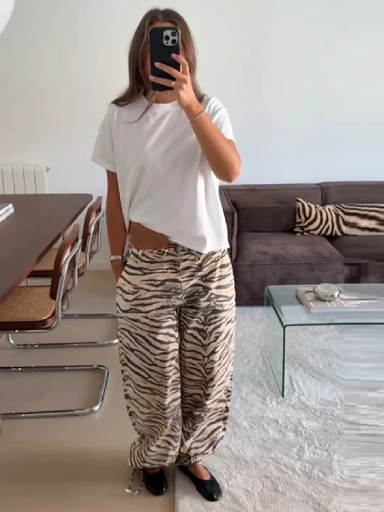 Vintage Zebra Printed Wide Leg Pants Women Chic Drawstring Lace Up High Waist  Loose Fit Trousers 2026 New Autumn Y2k Streetwear
