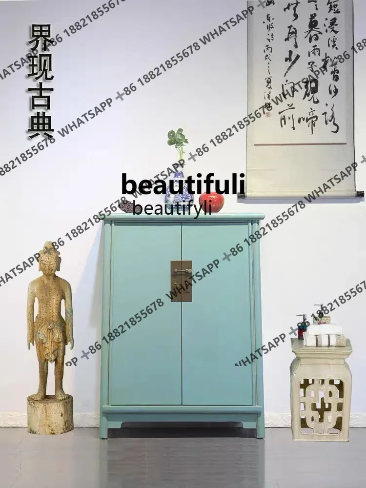 solid wood porch cabinet, environmentally friendly color paint elm shoe cabinet, retro storage foyer quality display cabinet