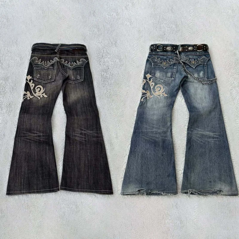 QICHE 2026 Men Women American Retro Y2K Tribal Spliced Embroidered Washed Jeans Trendy Street‑wear Casual Denim Long Pants