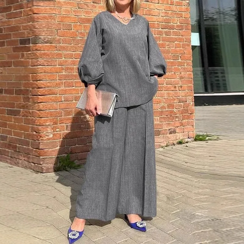 Pantaloni lunghi in vita elastica a maniche lunghe con bolle di moda autunnale Set da 2 pezzi Pantaloni lunghi a gamba larga allentati casual retrò Abito da ufficio da donna
