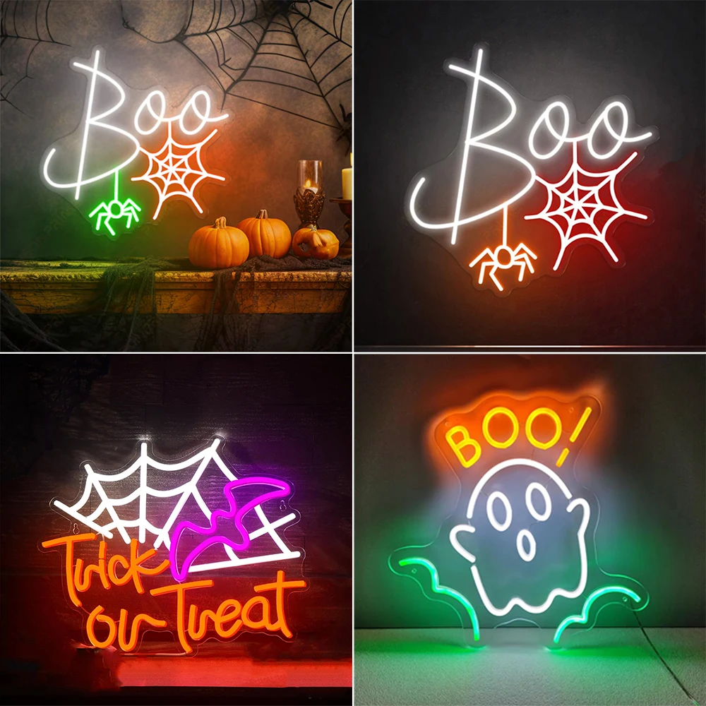 Cute BOO Neon Sign Spider Halloween Neon Light Decoration Led Light For Halloween Party Room Dimmable Wall Decor Gifts For Kids