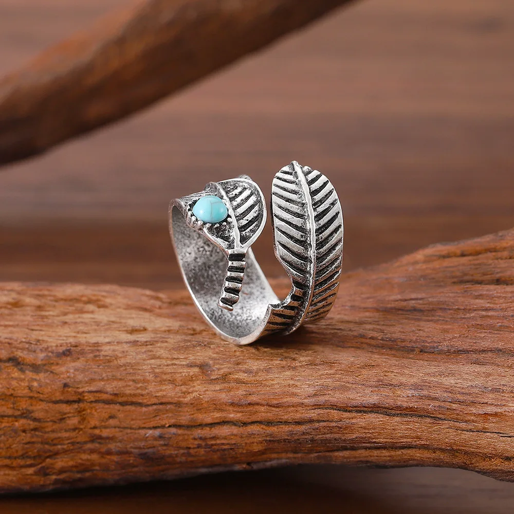 DIY accessories Cross-border personalized retro leaf turquoise opening adjustable ring, new ethnic trend old ring