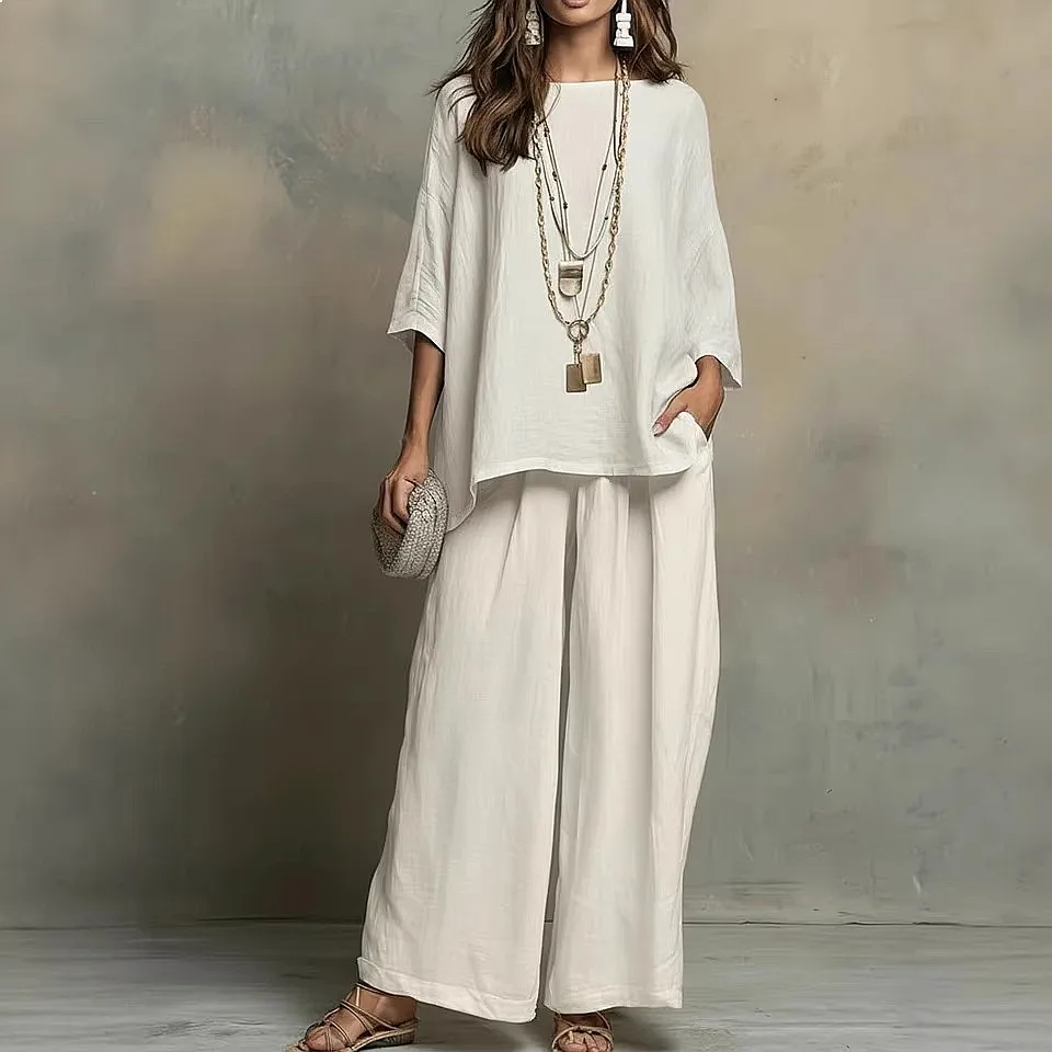 

Fashion Casual Loose Two Piece Matching Set Linen Cotton Outfits Jumpsuit Pants Spring Summer